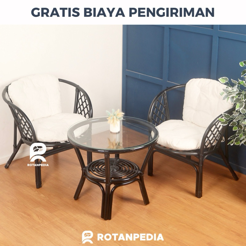 Kursi Teras Bahama Rotan Hitam Minimalis 1 Set | Kursi Tamu Rotan | Kursi Cafe Rotan - Rotanpedia