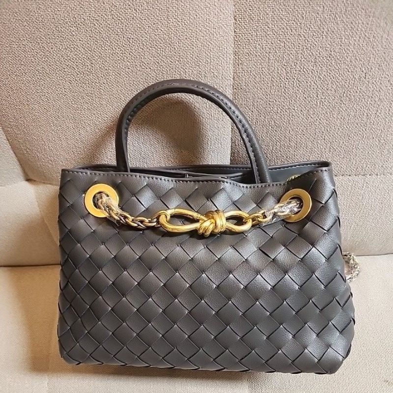 Tas Anyam top handle ukuran 25cm tali rantai GREY
