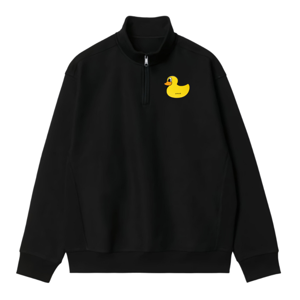 Half Zipper Hitam Logo Simple Pancoat Kuning / Sweatshirt Turtleneck Rugby Lengan Panjang / Jaket Un