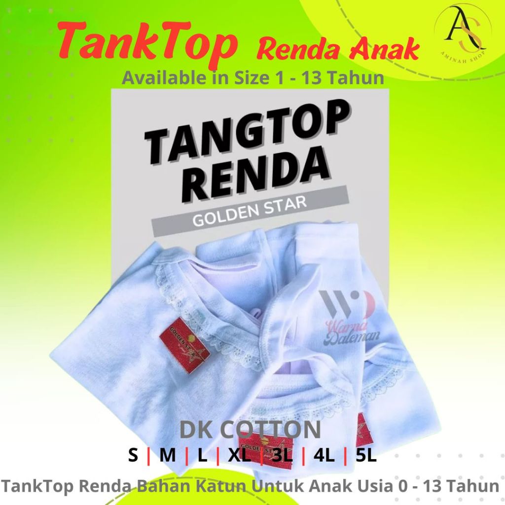 12 Pcs Kaos Singlet Anak Perempuan sampai remaja warna putih renda - singlet anak golden star -Tankt