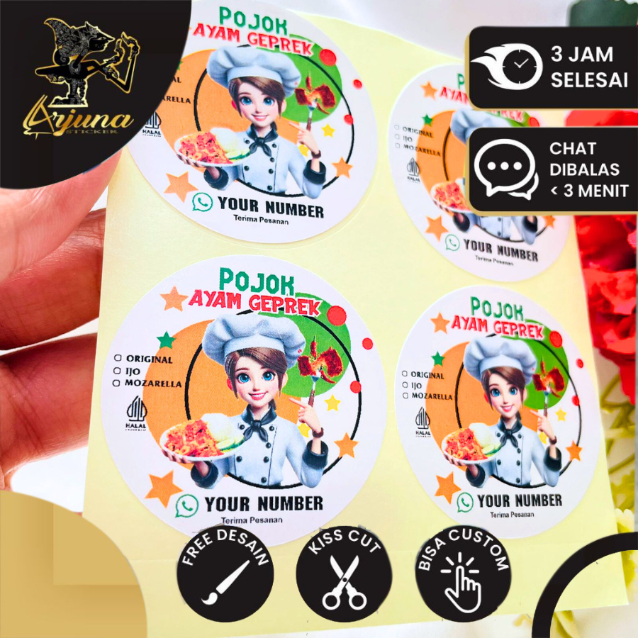 

9-15 Arjuna Sticker Custom Makanan Stiker Box Catering Ayam Geprek Label Bulat Chromo Free Desain