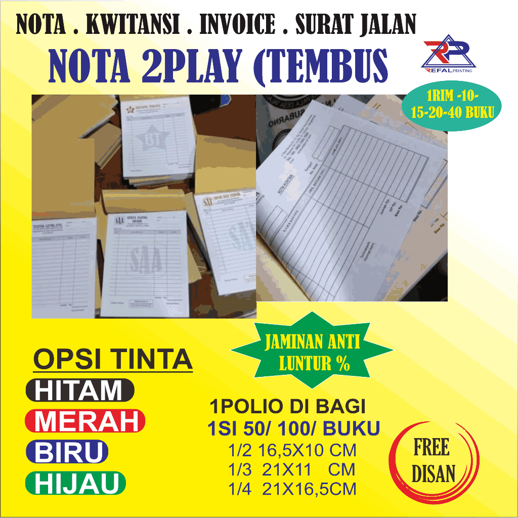 

CETAK Nota Penjualan Invoice Kantor Kwitansi 1 Rim 1Ply 2ply 3py Full collor