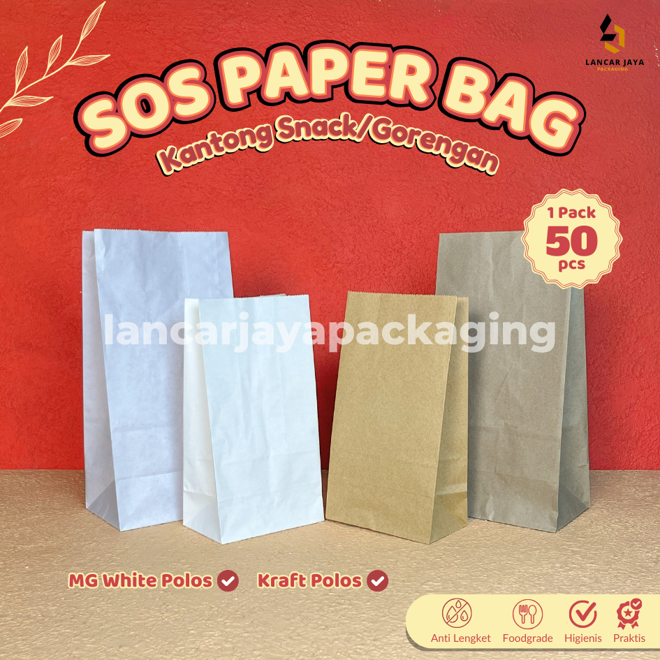 

Kantong Kertas Makanan Paper SOS Bag Putih Cokelat Tempat Gorengan Roti Kue Snack Isi 50 pcs