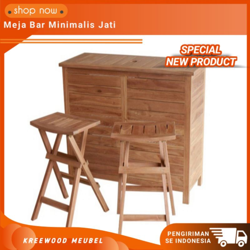 MEJA BAR MINIMALIS JATI PLUS 2 KURSI / SET MEJA BAR JATI 2 KURSI