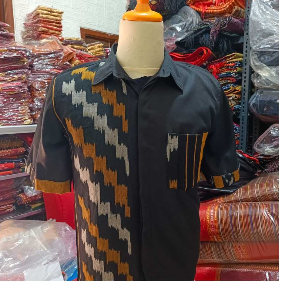 KEMEJA HEM COWOK PRIA DEWASA ETNIK JEPARA / LAPIS FURING TENUN HITAM ORANGE