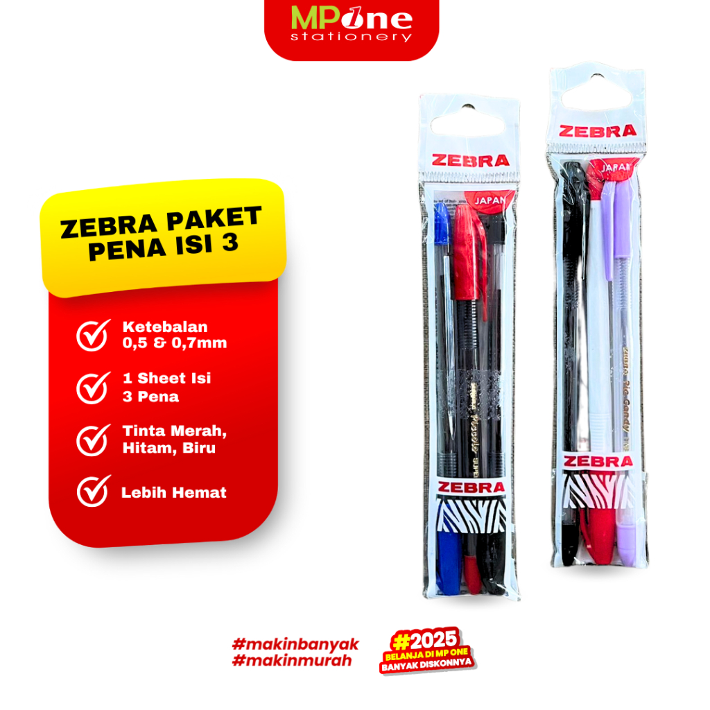 

(1 PAKET) Zebra Pena Piccolo/Crystal/Candy Tinta Hitam/Merah/Biru 0,5mm & 0,7mm / Pulpen Zebra Paket Isi 3 Random