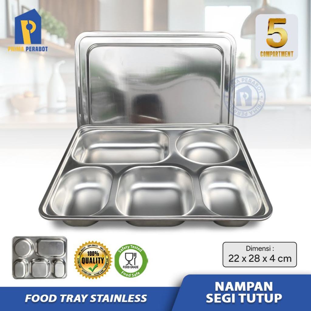 Food Tray Stainless 5 Sekat Kotak Makan Nampan Tutup Stainless