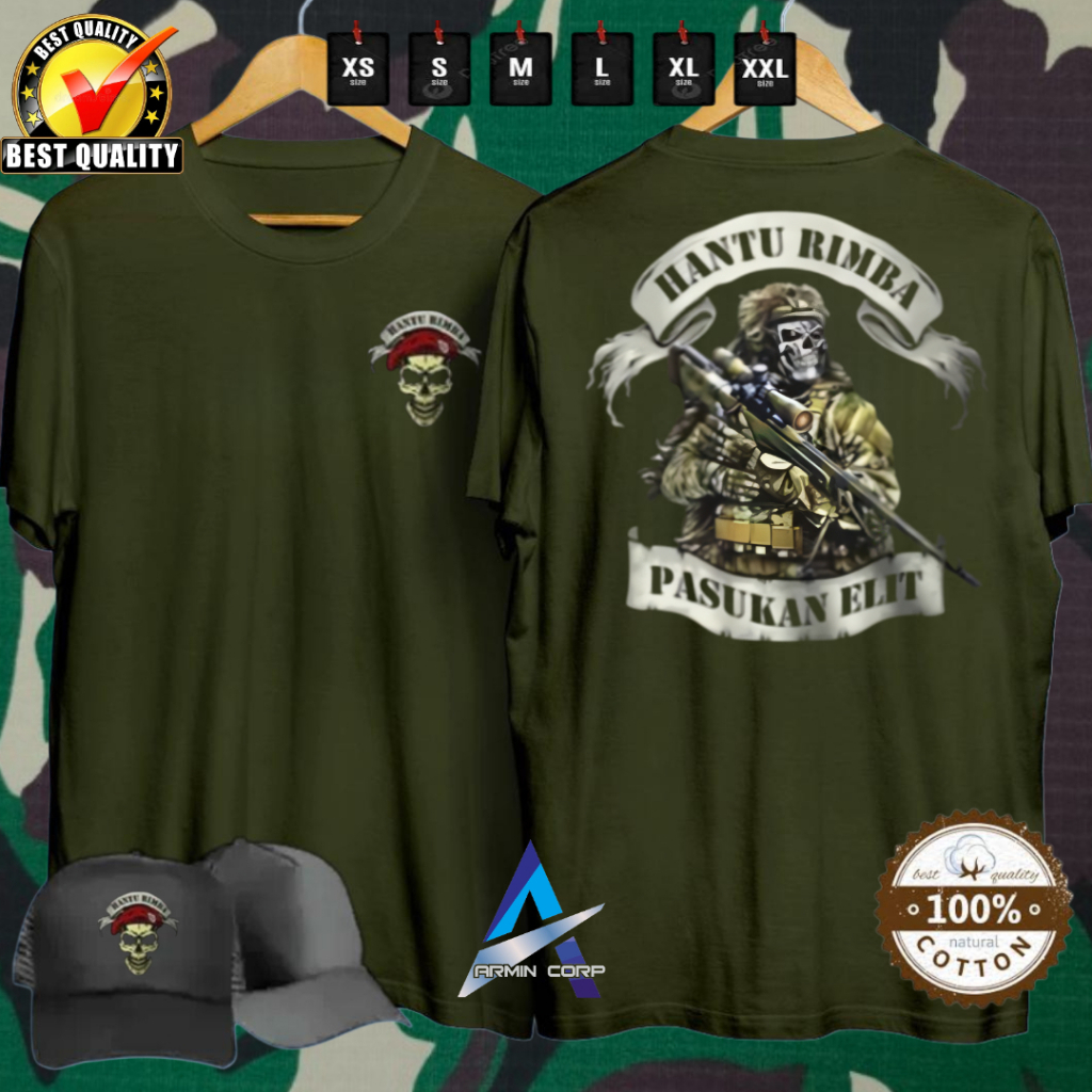TSHIRT PROFESI TNI HANTU RIMBA V2 PASUKAN ELITE KEREN SIMPEL CASUAL BONUS TOPI TRUCKER HITAM