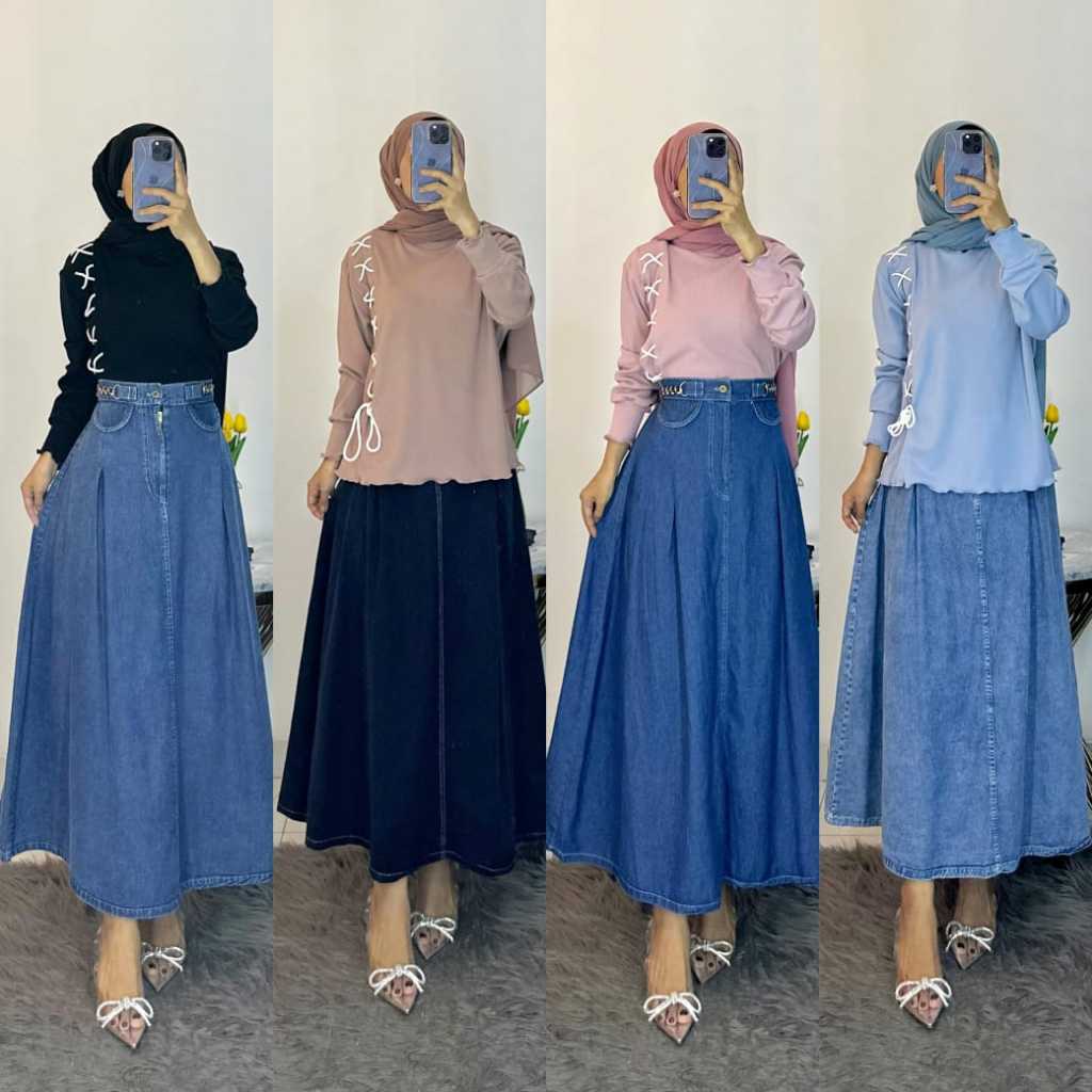MIZIAA SET ROK ATASAN&ROK PANJANG BAHAN JEANS & KNIT PREMIUM