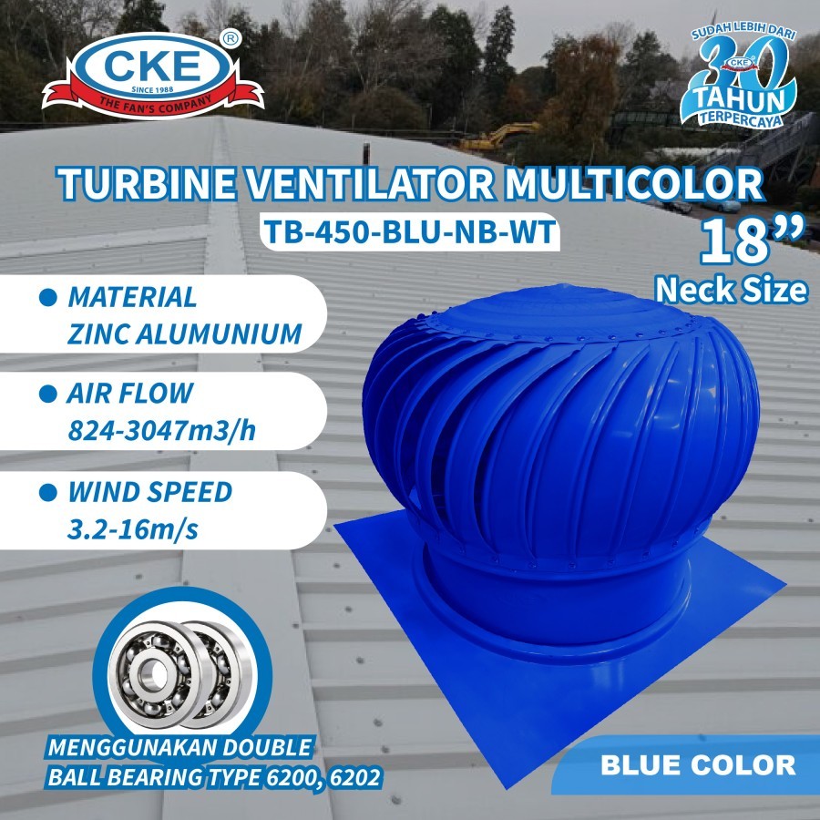 Turbin Ventilator Multicolor 18 Inch Blue Color TB-450-BLU-NB-WT Ventilasi Atap Rumah Gedung Pabrik 