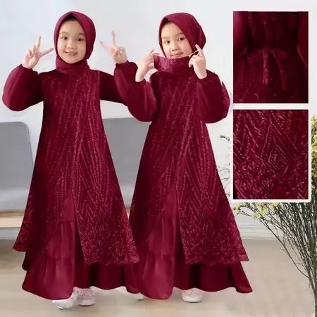Gamis Anak Perempuan Umur 8-9 Tahun Olivia Kids BO Bahan Kain Tile Mutiara Kombinasi Mix Saten Velve