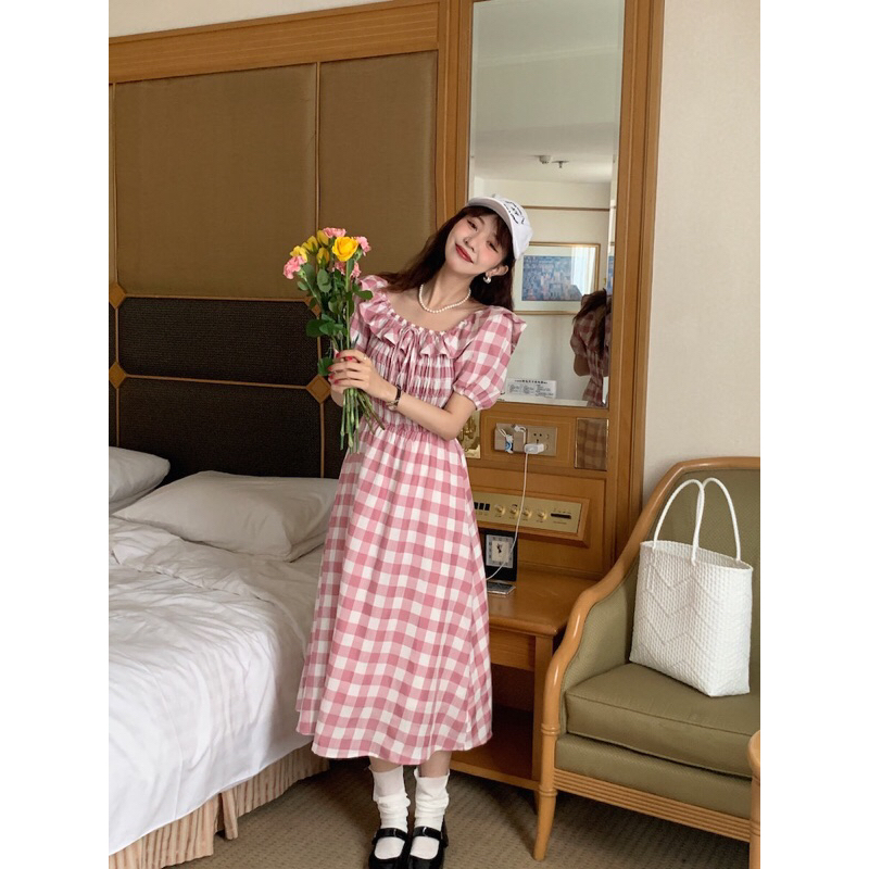 Dress Import Pink Kotak-Kotak Wanita