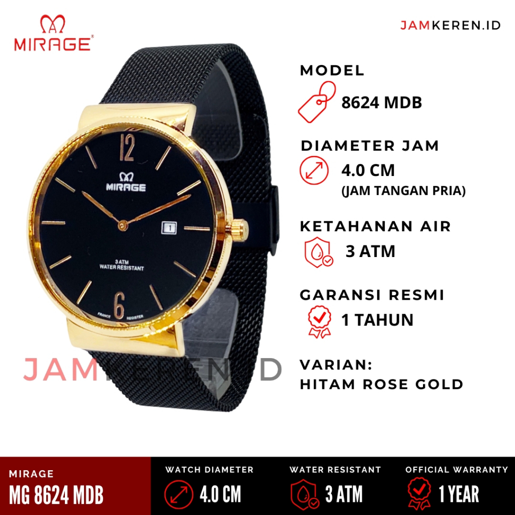 JAMKEREN Mirage 8624 MD Jam Tangan Pria Stainless Steel Rantai Pasir Original 100% Garansi Resmi