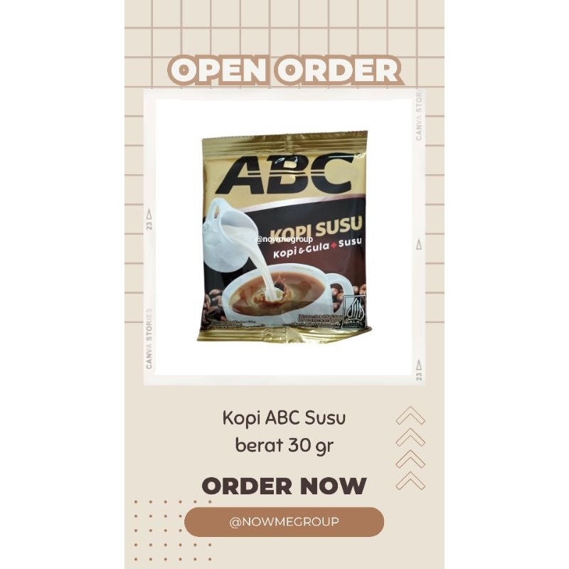 

nowme kopi ABC susu isi 10 sachet berat satuan 30 gram