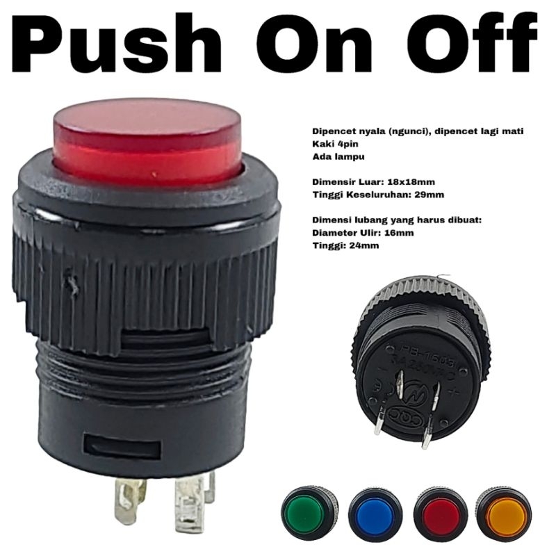 Saklar Push On Off Bulat 4 Pin Lampu Switch 4pin Tombol 4 Kaki