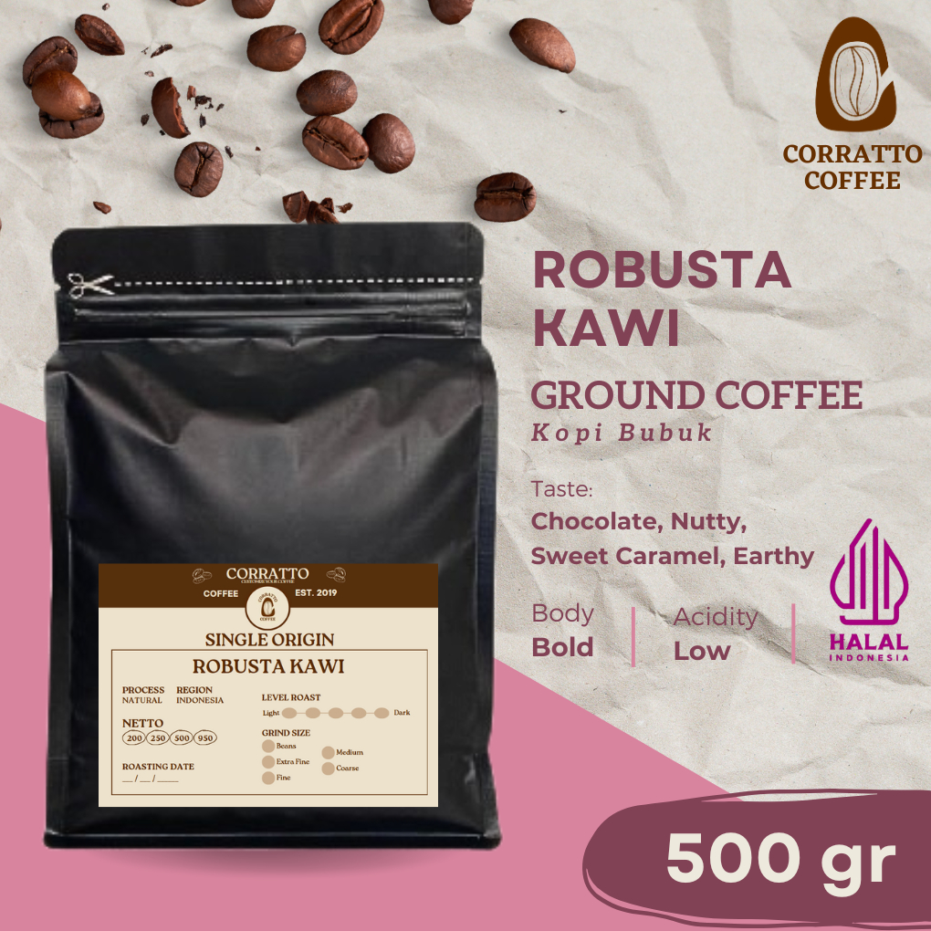 

Bubuk Kopi Robusta Kawi 500 gram Corratto Coffee