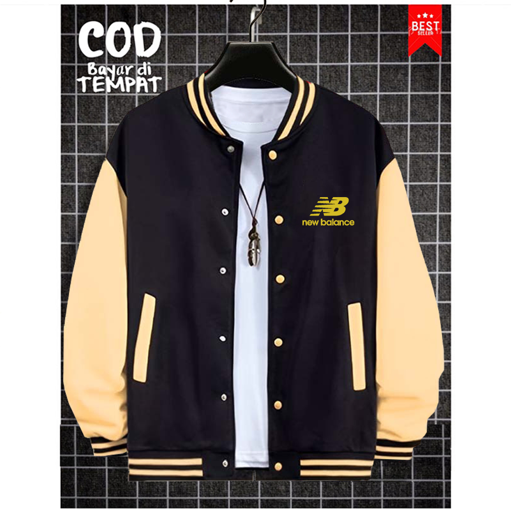 COD Jaket Baseball Kancing Jaket NB Text Gold Varsity Baseball Logo Quality Ready Banyak Warna Jaket
