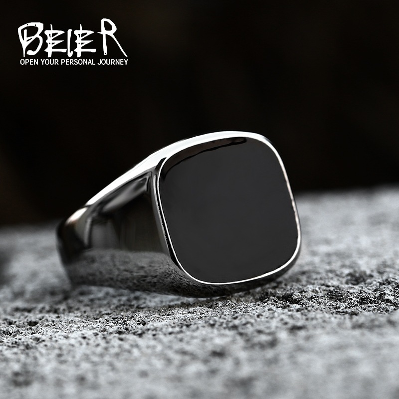 Cincin Mata Batu Hitam Kotak Bulat Beier Stainless Premium - Retro Flat Square Black Glass Onyx Ring