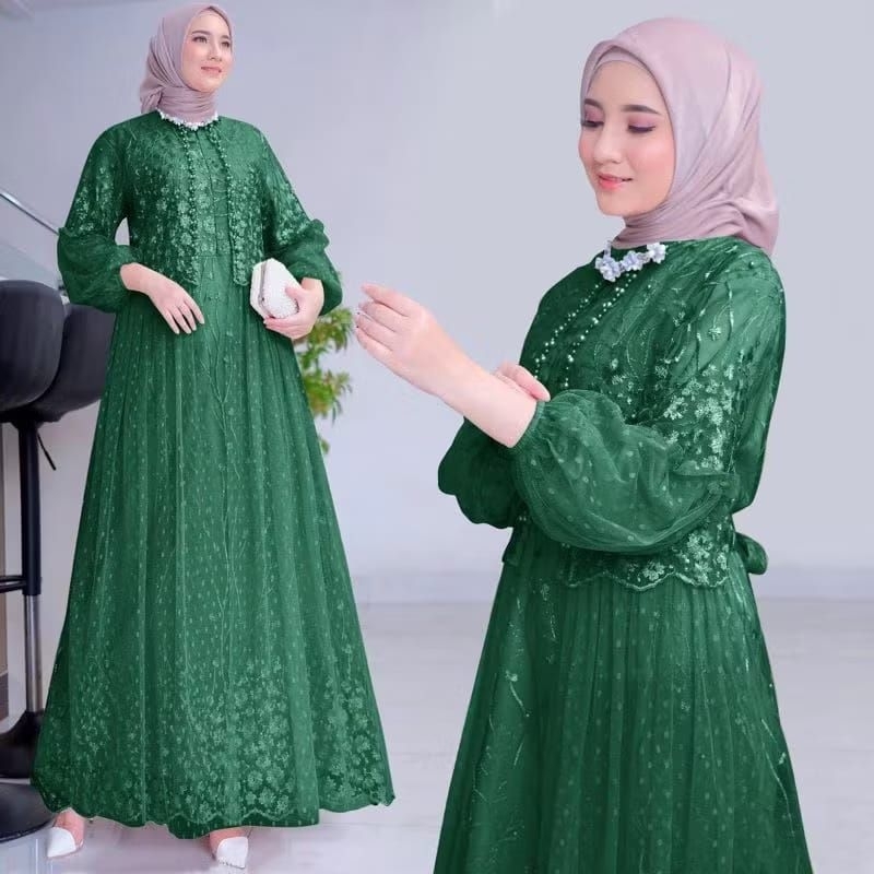 Ranika - gamis dress import premium brukat tile dot mutiara layer kanan kiri full furing Busui jumbo