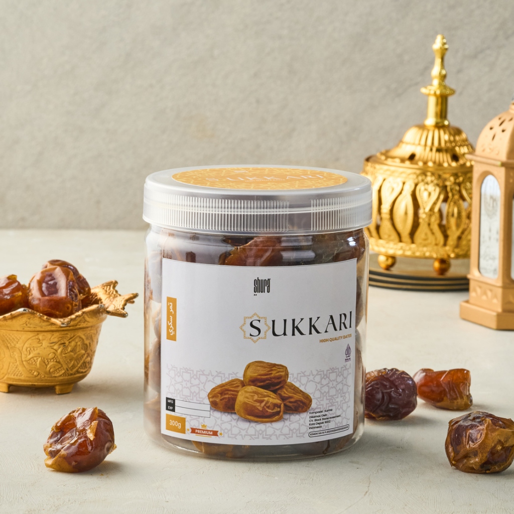 

Shura Kurma Sukkari Premium Original Toples 300gr High Quality Kurma Jumbo dan Daging Tebal