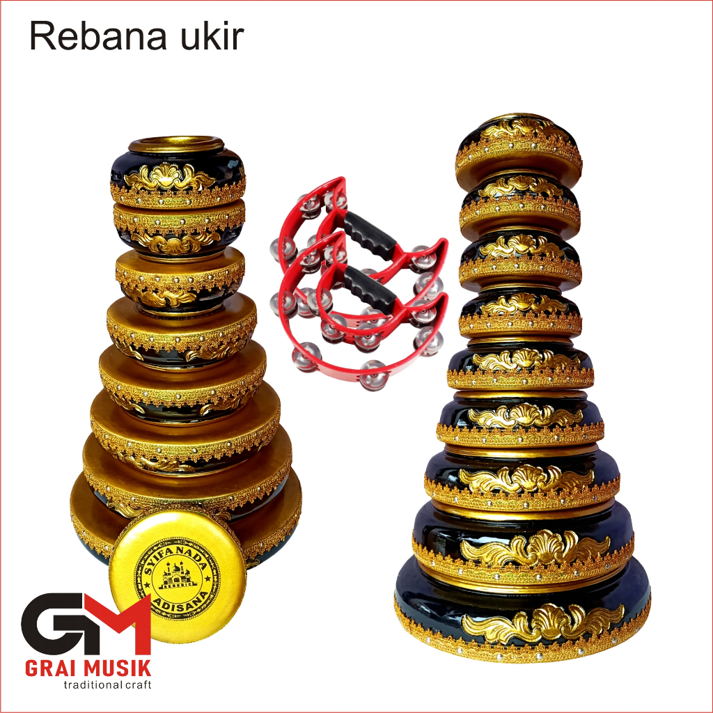 Rebana qosidah isi 9 dan 2 tambourine total alat 11 pc motif ukir super qualitas nasional
