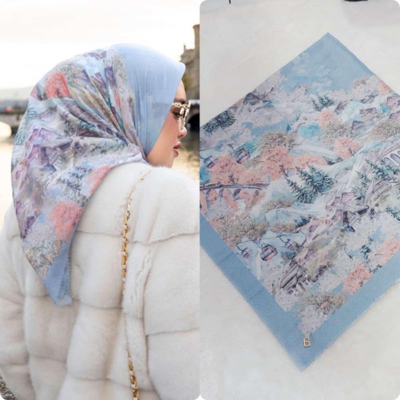 Hijab Motif Bunga Bergambar Hitam Putih