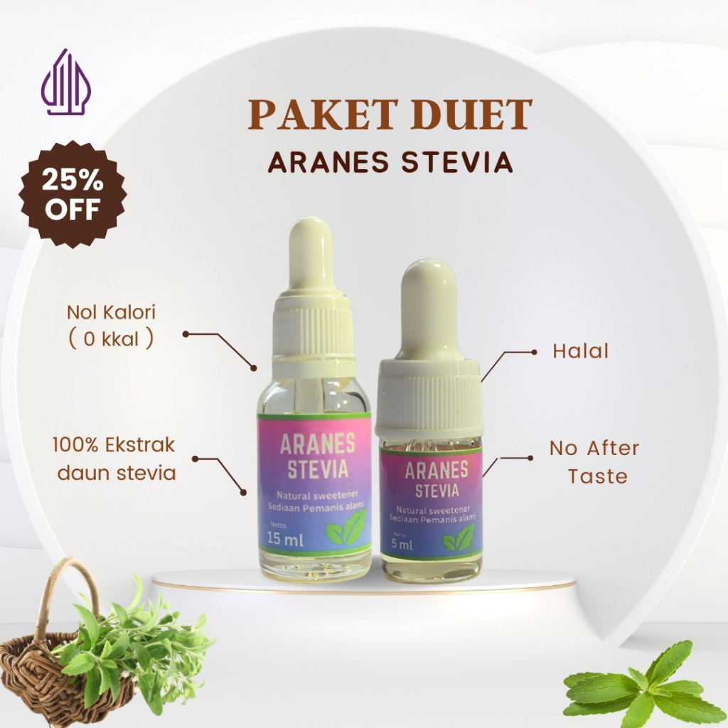 

Paket Duet Aranes Stevia 5 ML dan 15 ML Pemanis Alami Pengganti Gula Cair Tetes Stevia Sweetener 0 Kalori 0 Gula