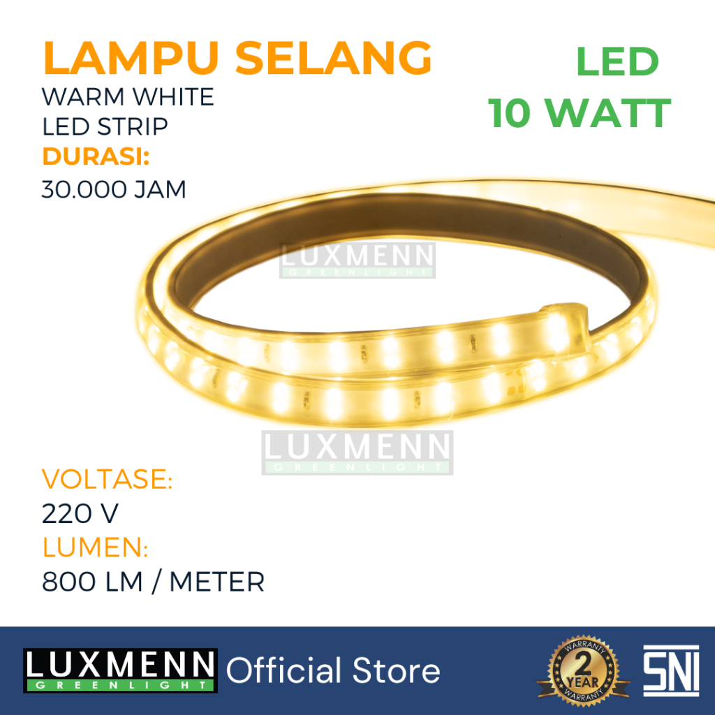 Luxmenn LED Lampu Selang 5050 220V, Seri SL2/10W, 10W/M, Warm White