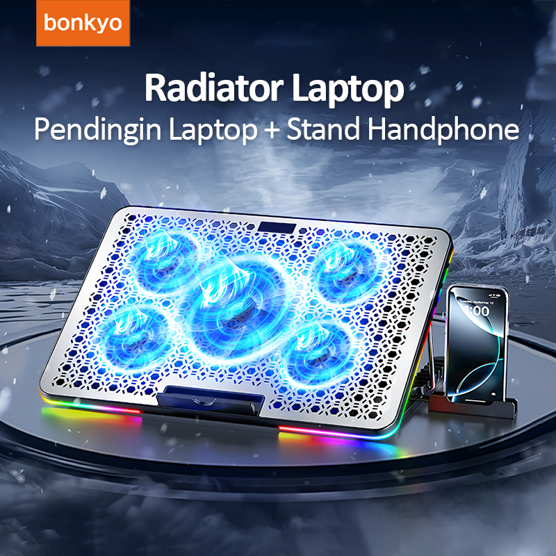 Bonkyo Cooling Pad Laptop Gaming RGB 5 Fan Silent  With Phone Holder Silent Fan Stand Laptop Kipas L