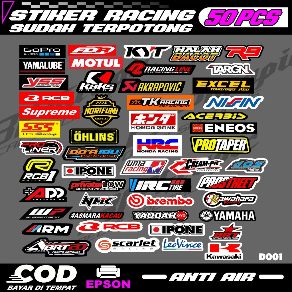 

50 pcs Stiker Racing Stiker Pack Sponsor Motor Racing Anti Air Sudah Terpotong