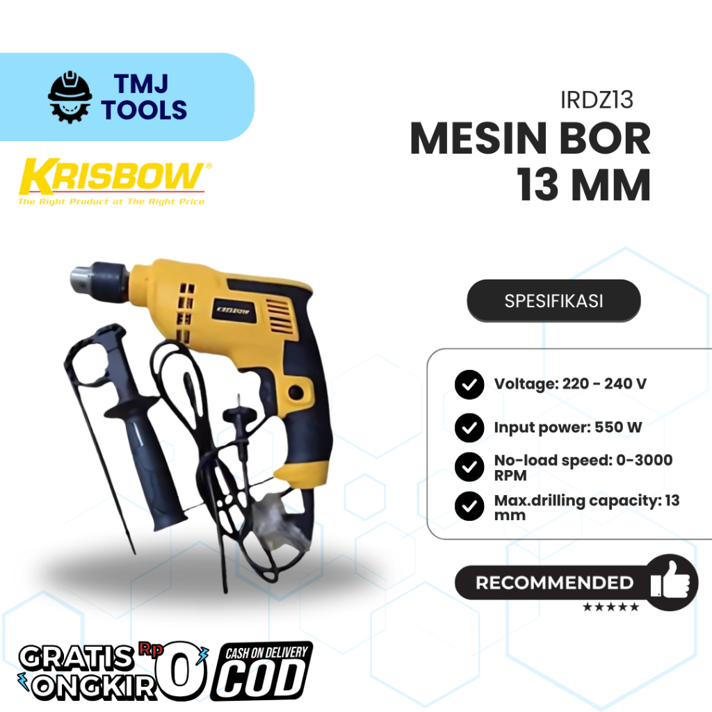 KRISBOW Mesin Bor 13 mm Bor Tangan Listrik IRDZ13 13mm Electric Drill Bor Tembok Beton Besi Kayu Met