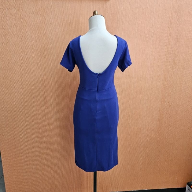 midi dress wanita lowback birel biru elektrik S cewek M lengan pendek MEWAH bodycon