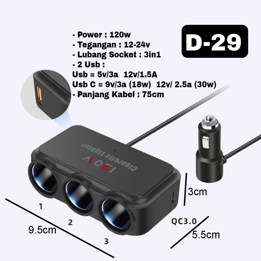Socket Lighter Mobil Extension 120W USB C Fast Charger QC3.0 Splitter Lighter