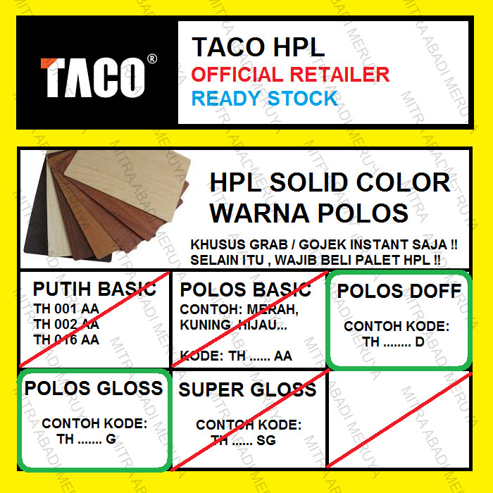 TACO HPL WARNA POLOS / SOLID COLOR KODE G/D