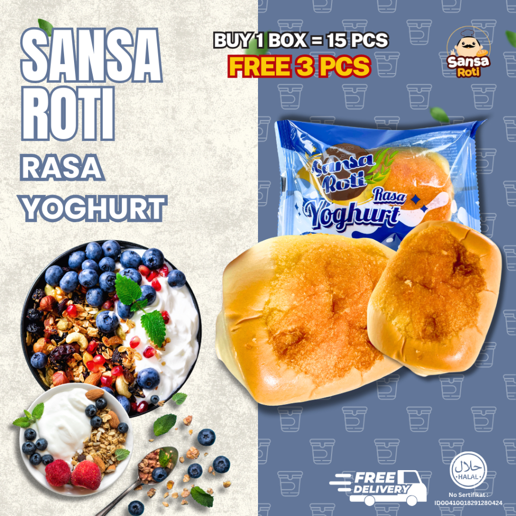 

Rasa Yogurt isi 15 Pcs + FREE 3 Pcs | Roti Yoghurt Bread Lembut Gurih | Roti Sansa