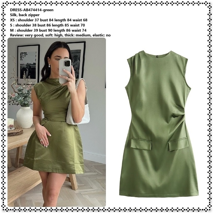 AB474414 Mini Dress Pesta Wanita Korea Import Hijau Army Green Silk Sutra