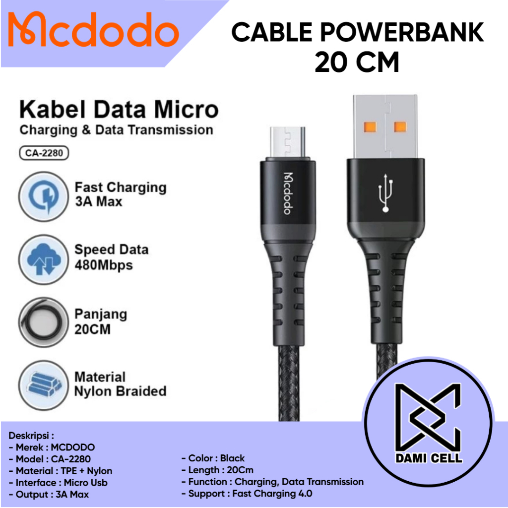 Kabel Data Pendek 20cm For Android Micro USB Cable Power Bank Fast Charging Original Mcdodo Ca-2280