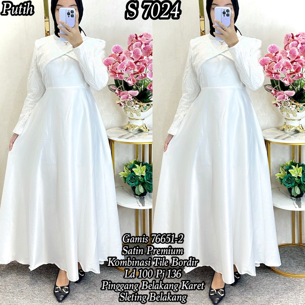 7024 #Gamis Satin Kombinasi Tile Bordir Gaun Muslim Putih Wanita 76651 2