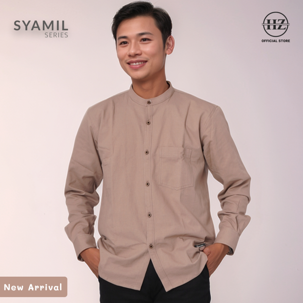 Hanzain Syamil Series - Kemeja Koko Pria Lengan Panjang Warna Coklat Cream - Katun Premium