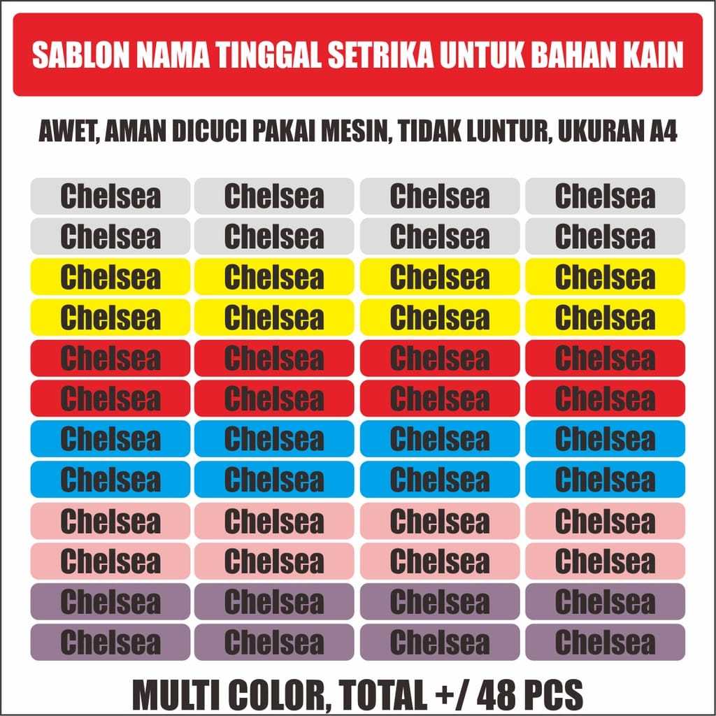 

Sticker Kain Custom Nama tinggal tempel pakai Setrika Isi Kurang Lebih 48 Pcs