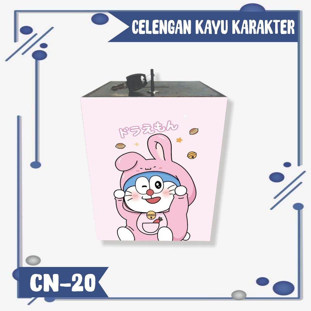 CELENGAN DORAEMON KARAKTER LUCU/ KOTAK TABUNGAN KAYU GEMBOK KUNCI UNIK