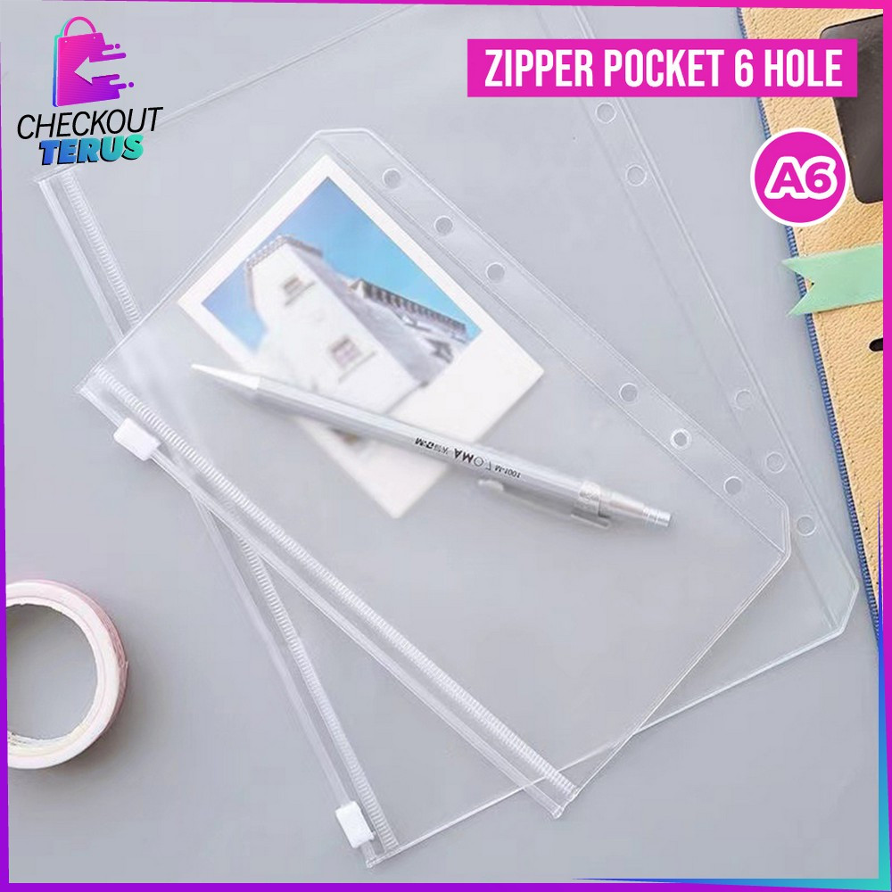 

CT C1105 Zipper Pocket Binder A6 Transparent Hand Book Bags 6 Hole Transparan Tempat Uang Ziplock Pouch