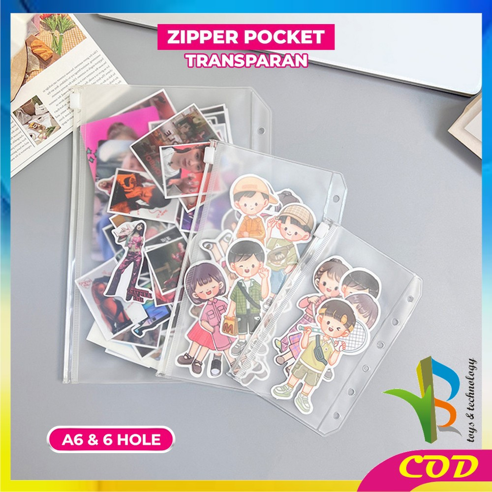 

RB-C1105 Zipper Pocket Binder A6 Transparan 6 Hole / Transparent Hand Book Bags Ziplock A6 Pouch Tempat Uang