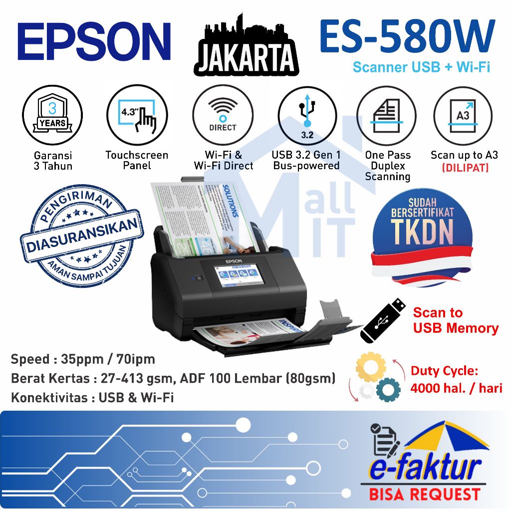 MALLIT EPSON Scanner Epson ES-580W ES580W ES 580W ES 580 W A4 F4 Legal Wireless WiFI Duplex ADF Gara