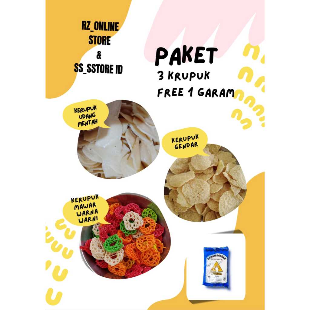 

Paket 3 Kerupuk Udang/Kerupuk Gendar/Kerupuk Mawar Warna Warni/Masing Masing Isi Per 500gr (Free 1pcs garam)