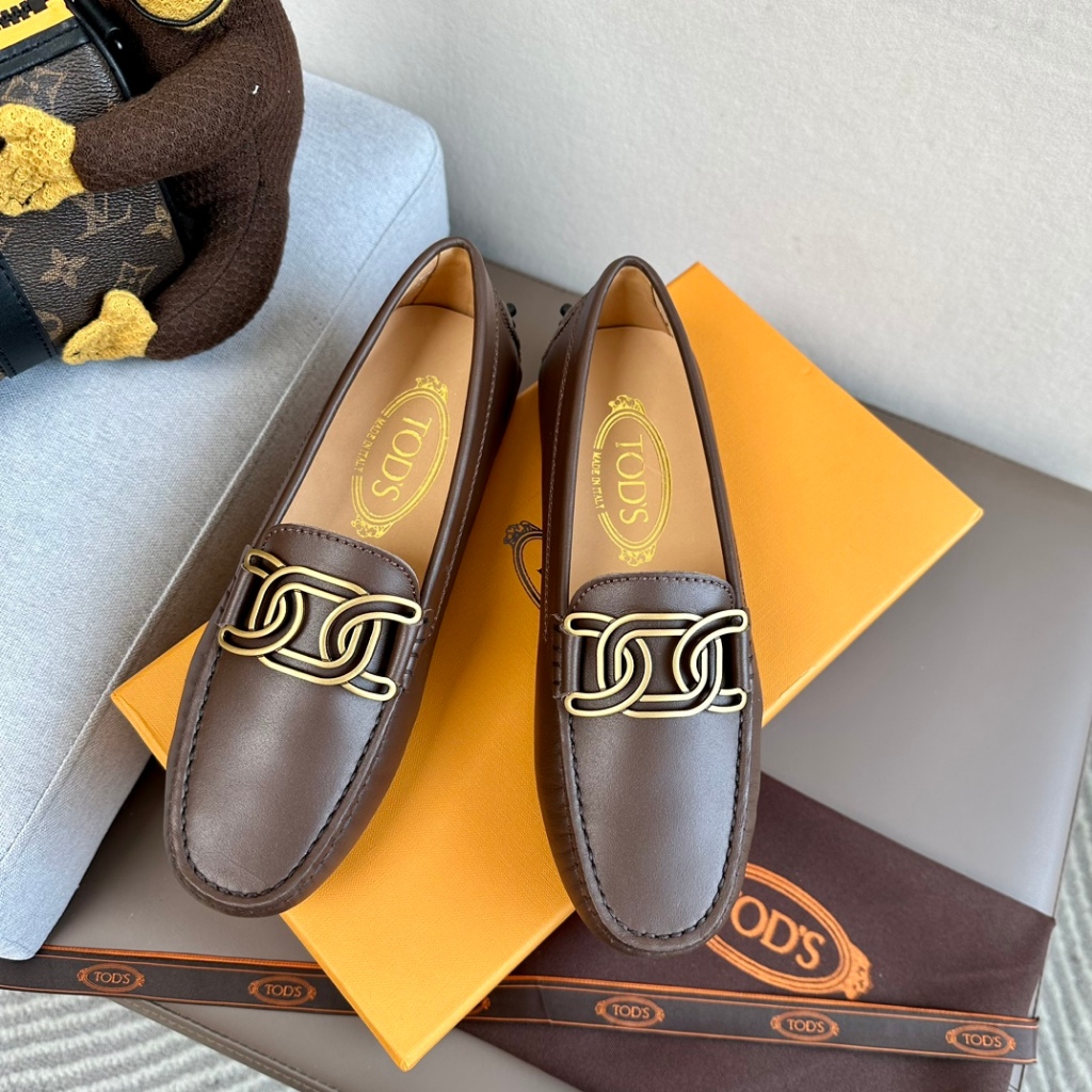 Sepatu loafer kulit asli baru Tods, sepatu loafer wanita modis, sepatu kulit datar