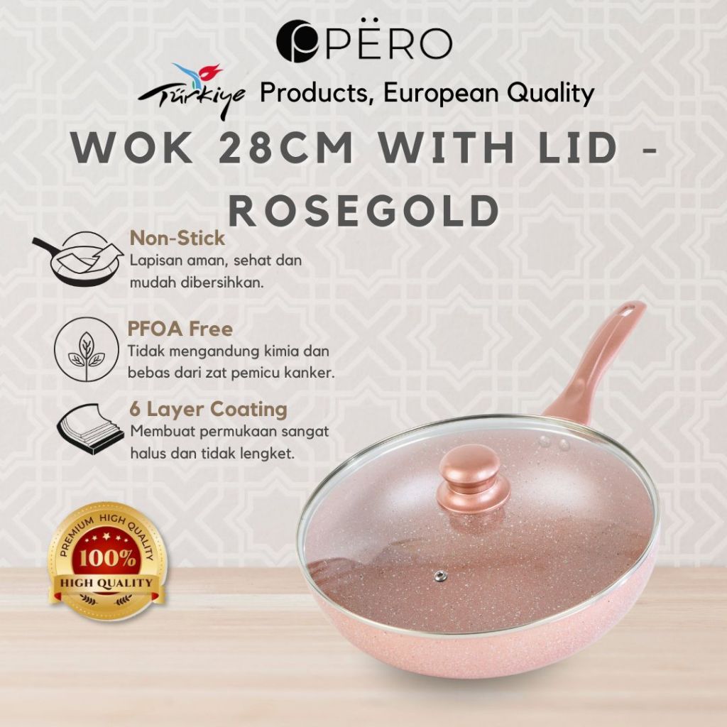 Pero Granite Wokpan 28cm with Glass Lid / Wajan Penggorengan Dengan Tutup Kaca Non Stick Anti