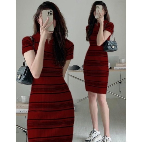 DRESS RAJUT LISAI STRIP KERAH POLO SALUR KNITWEAR PREMIUM QUALITY