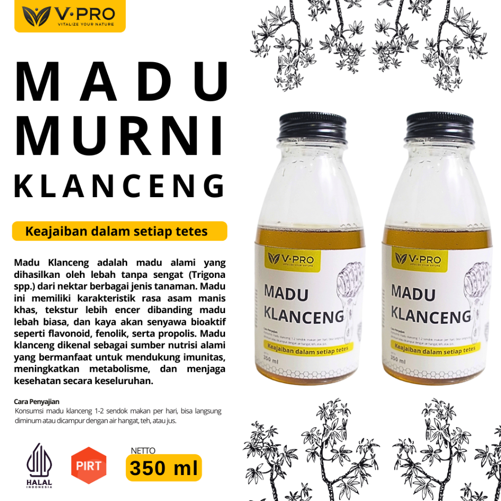 

V Pro Madu Asli Klanceng 350 ml (Raw Honey) Murni dan Alami 100% Original