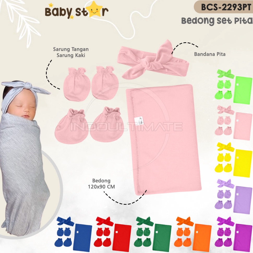 Bagus Dipakai 4in1 BABY STAR Paket Lengkap Bayi Baru Lahir Bedong Bayi  Bandana Pita  Sarung Tangan 